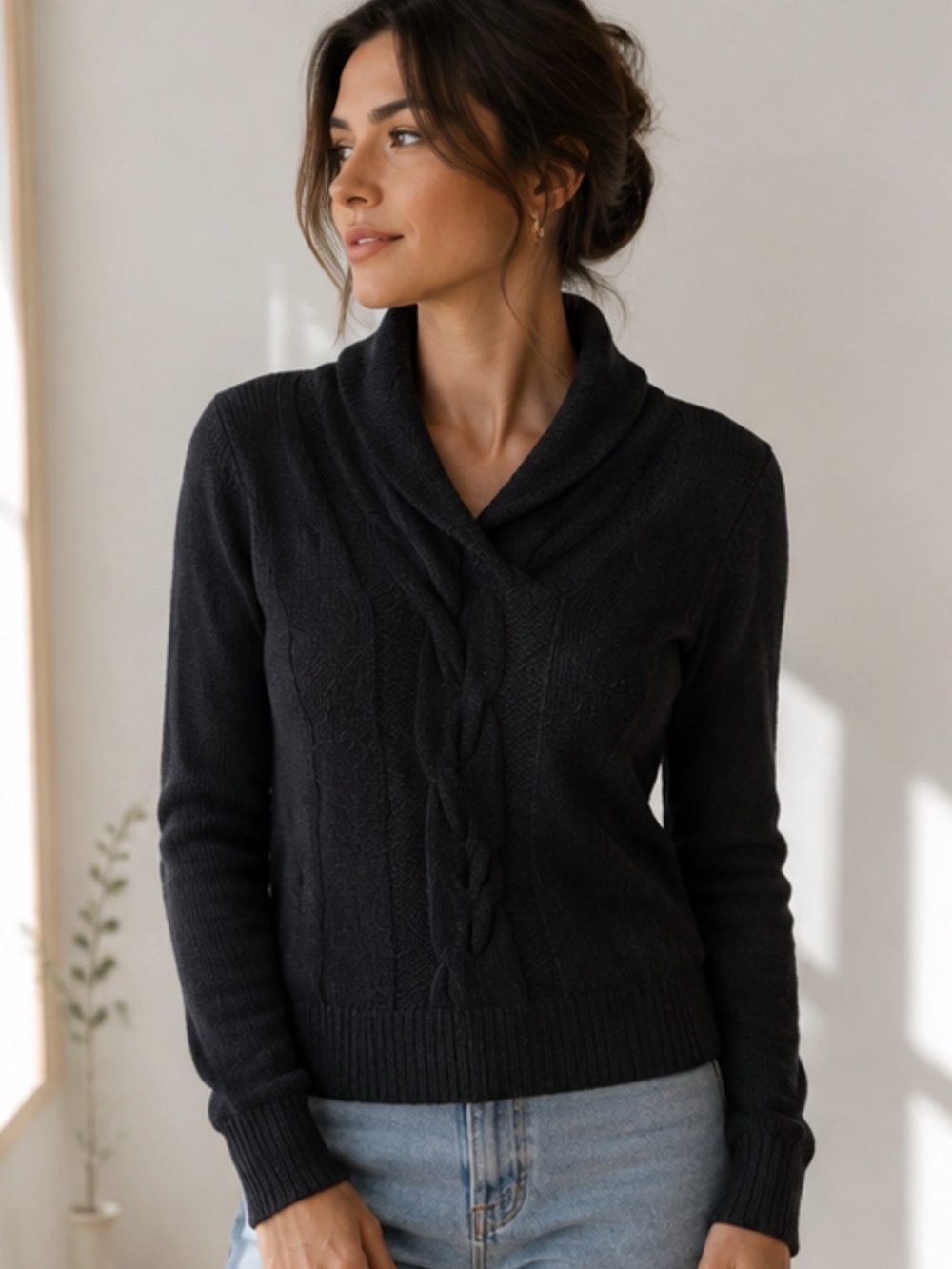 CHARTER CLUB BLACK COLLARED V-NECK CABLE KNIT SWEATER SZ S 100% CASHMERE